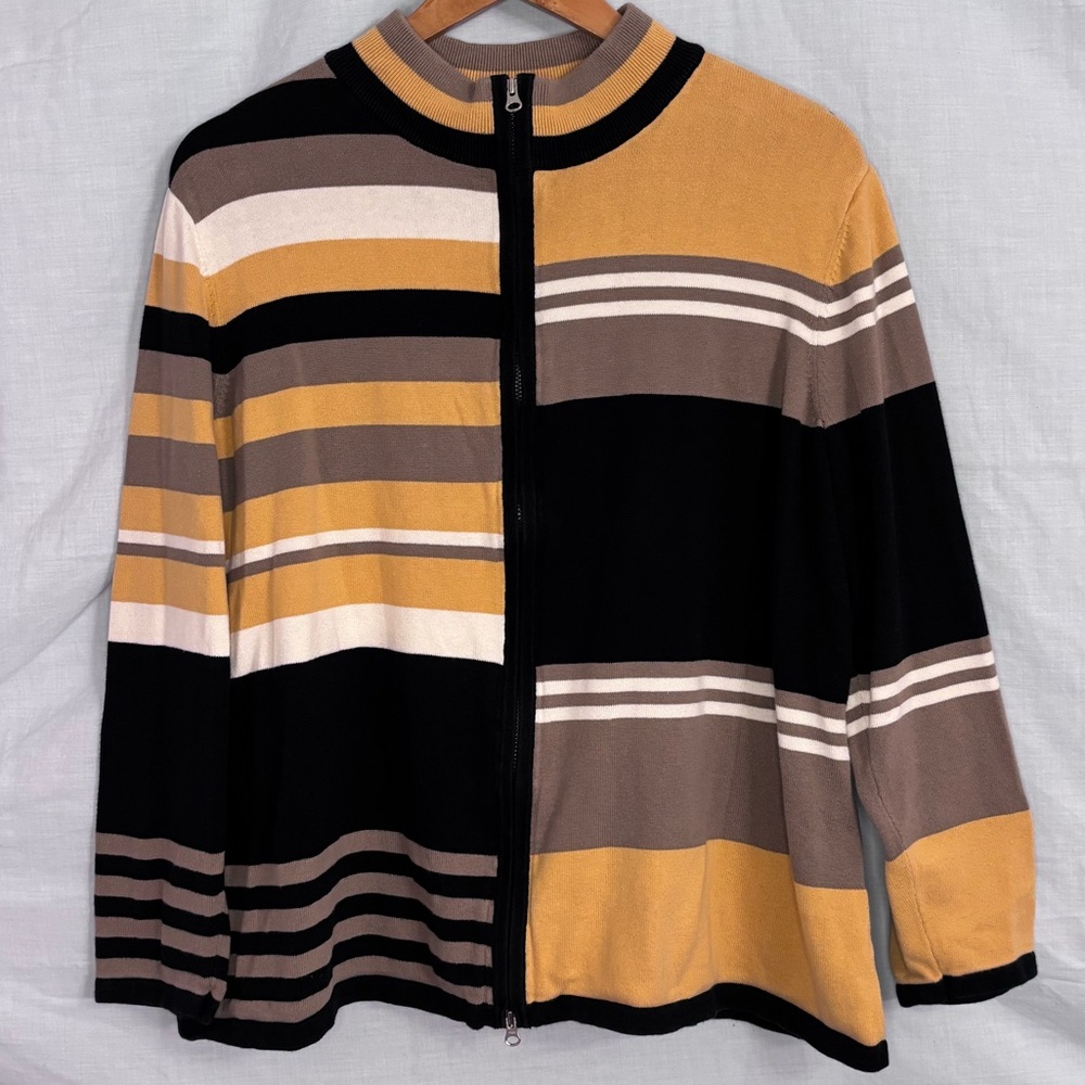 CJ Banks Black, Taupe, Tan & White Colorblock and Stripe Double Zip Cardigan 1X